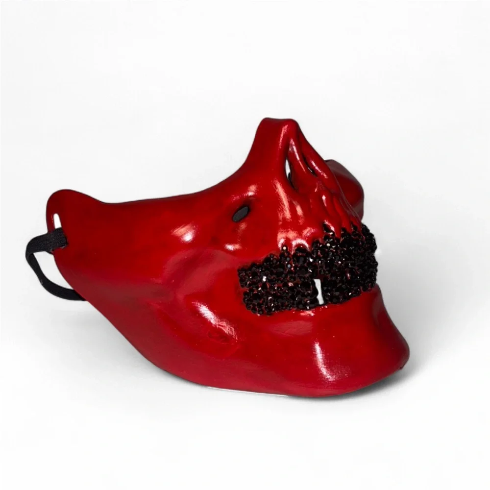 Red Half Skull Mask With Blinged Out Jet Black Luxe Crystal Grillz New